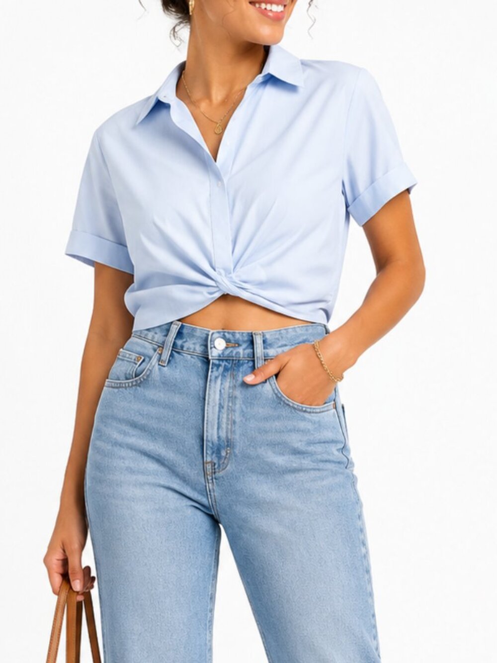 English Factory Light Blue Twist Front Cropped Button-Up Top Size M 100% Cotton